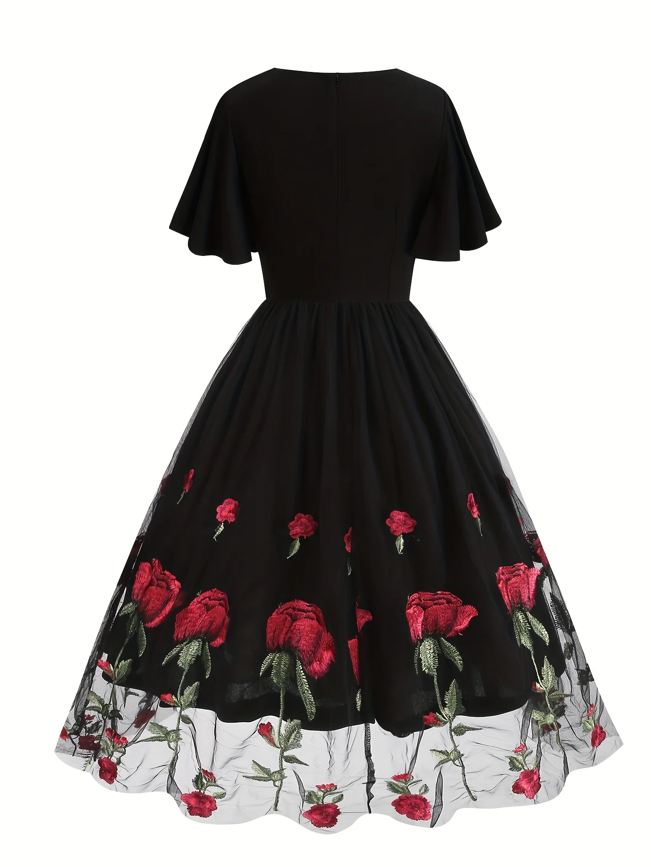 Elegant Vintage-Inspired Women's Dress with Floral Embroidery, Flutter Sleeves & Mesh Detail - Perfect for Date Night or Work