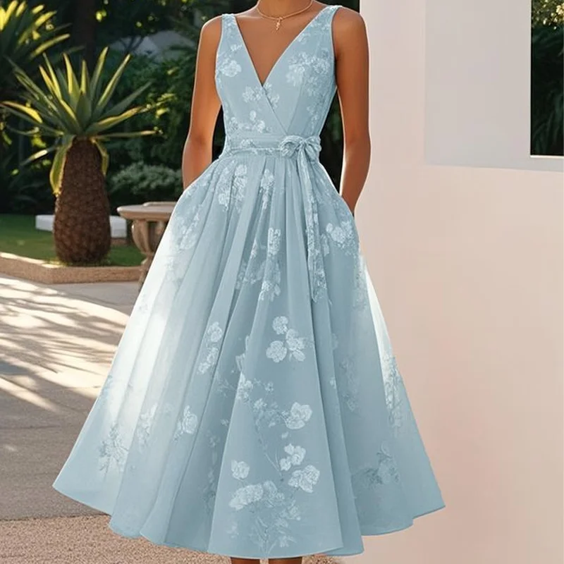 أنيقة مثير الخامس الرقبة القوس الدانتيل يصل فستان الحفلات النسائية الصيف عادية مطوي فساتين بوهو أنيقة عطلة بلا أكمام ألف خط فستان طويل