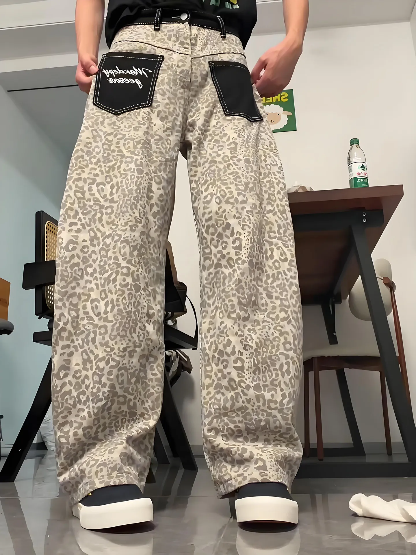 American Retro Leopard Print Men's Jeans Spring Summer Autumn Casual Wide Leg Pants with Patches Slim Straight Loose Fit