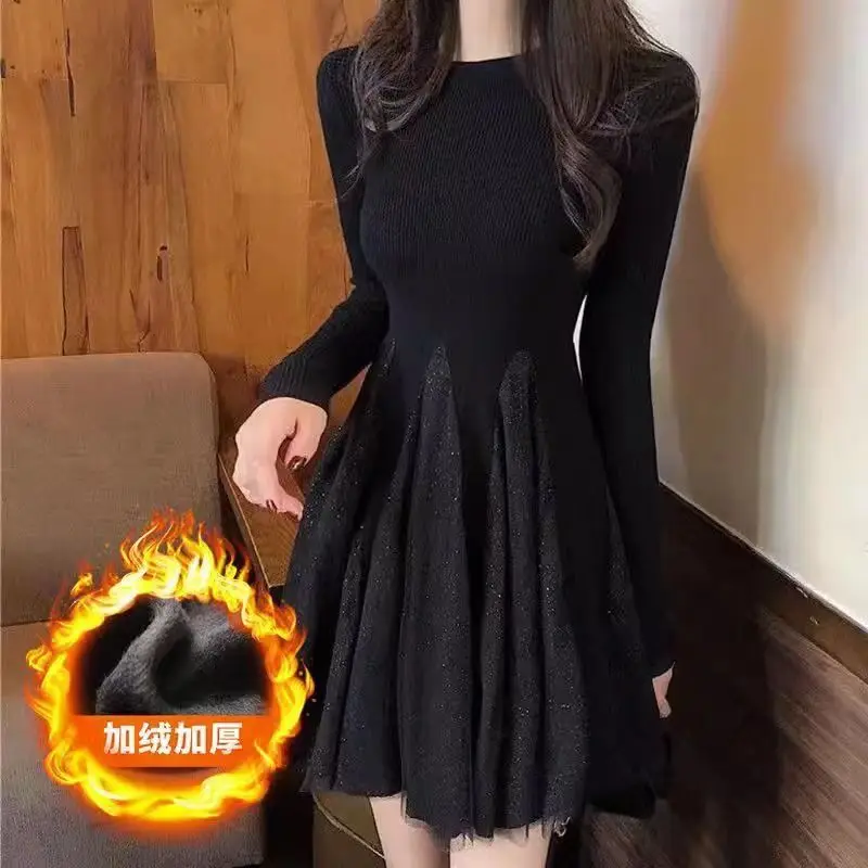 Autumn Winter 2024 Small Man Splicing Mesh Long Sleeve Women's Korean Edition High Waist Slim Fit Cute Aging Reduction Dresses