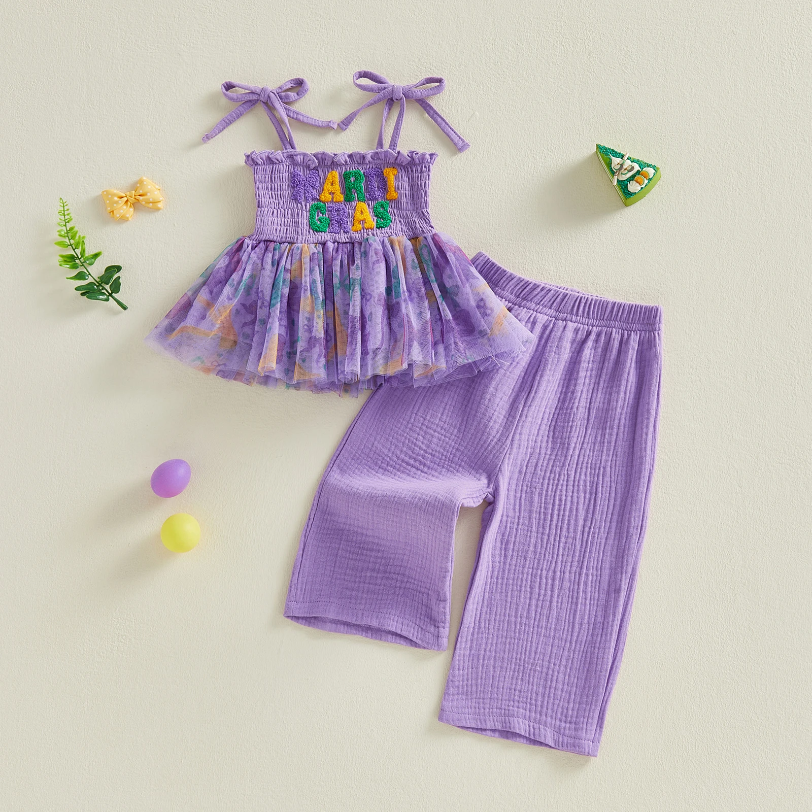 Summer Kids Girls Pants Sets Sleeveless Letter Embroidery Cami Tops Pants Outfits Purple Clothes