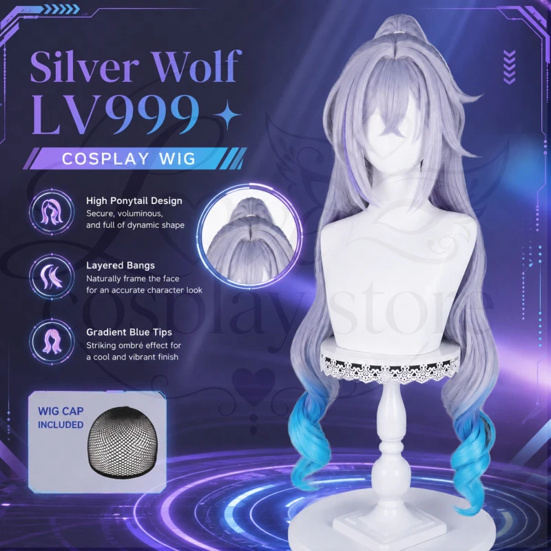 Conjunto de Disfraz de Lobo Plateado de Planarcadia de Honkai Star Rail, Peluca, Gafas, Cabello Largo Gris Azul Morado, Accesorio de Juego de Rol para Mujer, Halloween