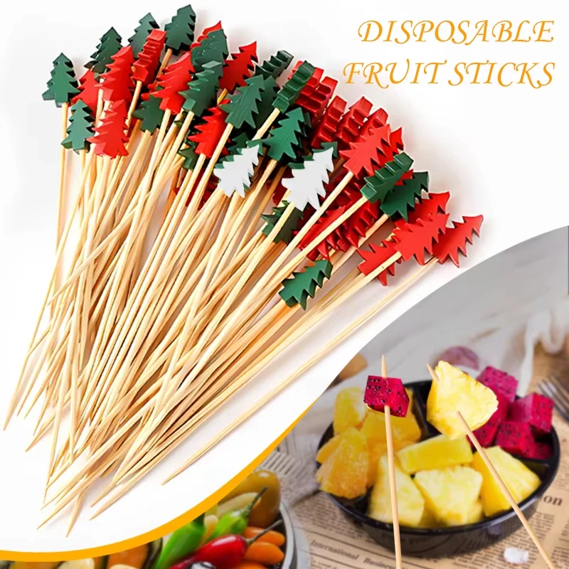 

100pcs Christmas Decoration Fruit Sticks Bamboo Christmas Tree Santa Claus Sticks Disposable Xmas Ornaments Cocktail Decor Stick