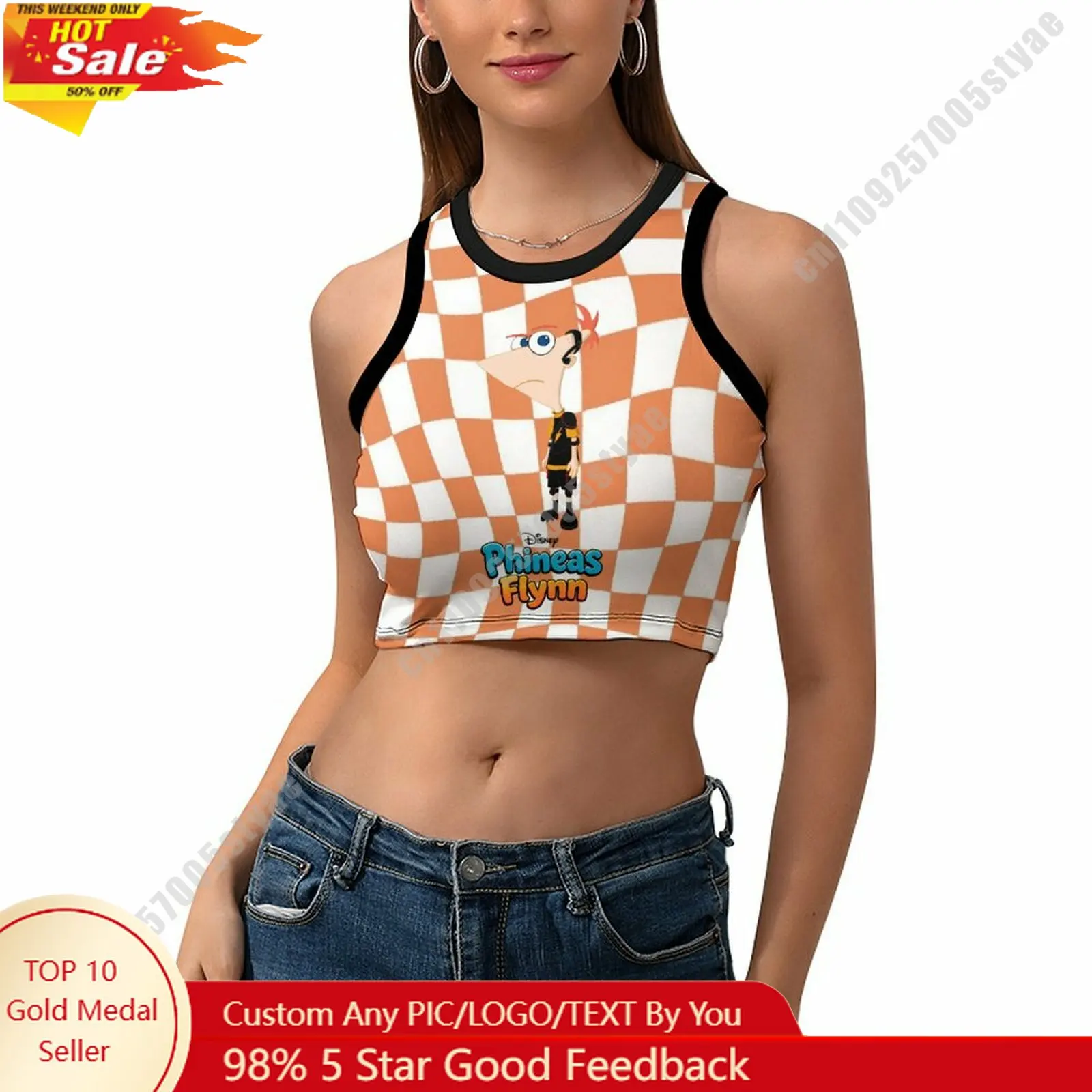 

Phineas Flynn Vest Disney Pattern Custom Photo Text Crop Tank Racerback Vest Personalized Graphic Sleeveless Crop Top