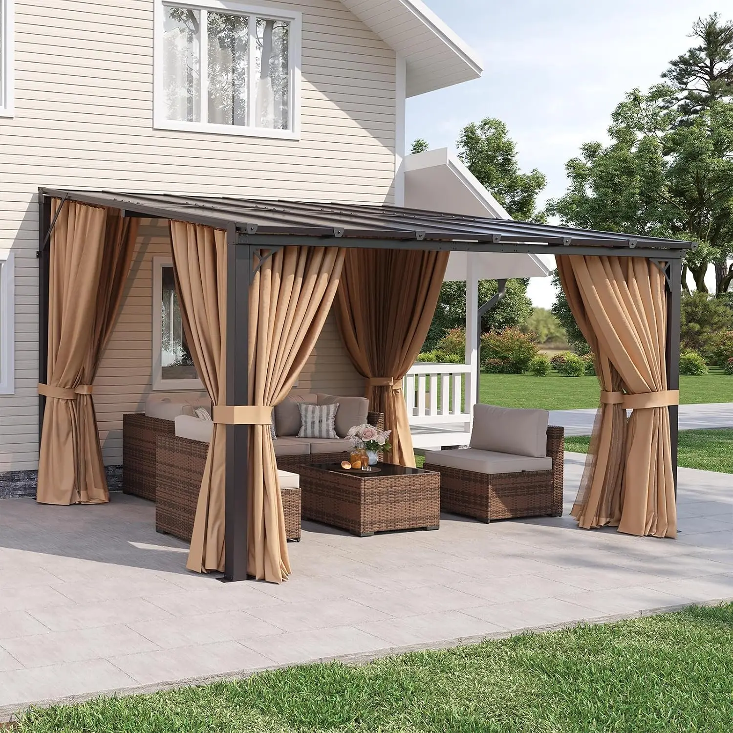 12'x10' Lean to Gazebo, Pergola with Mosquito Net and Curtains, Brown, Customized