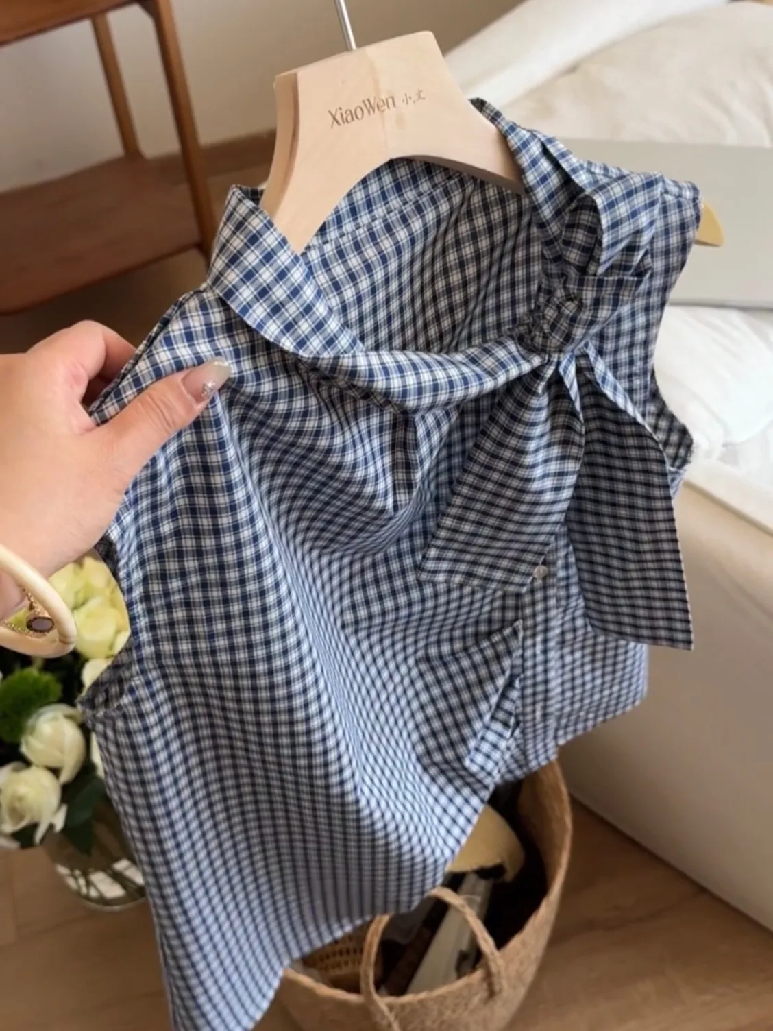 

Летний клетчатый женский топ Svel Ele с узлом и поясом, свободный крой, ort Sve, застежка на пуговицы