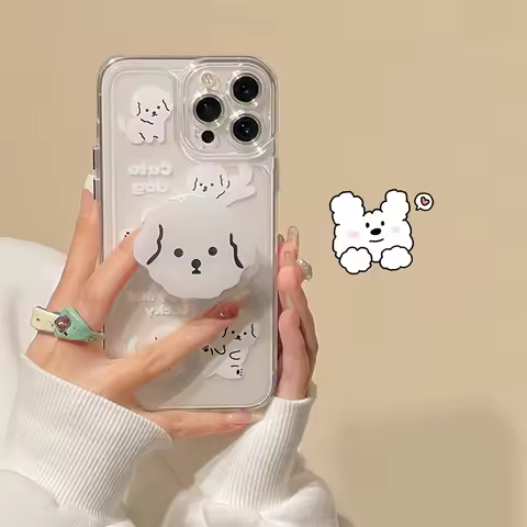 Phone Case For Samsung S22 S21 FE S23 Plus S20 S10 Note 20 Ultra 10 9 8 A04 A14 A24 A34 A54 5G White Dog Grip Holder Phone Case