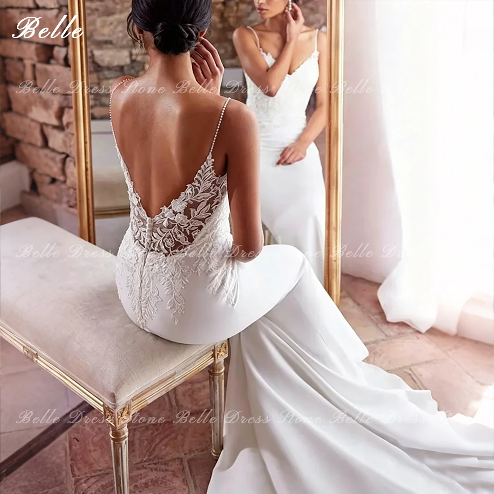 Belle Wedding Dress Boho V-Neck Spaghetti Strap Bride Dress Lace Mermaid Court Train Backless amanda novias oficial Customized