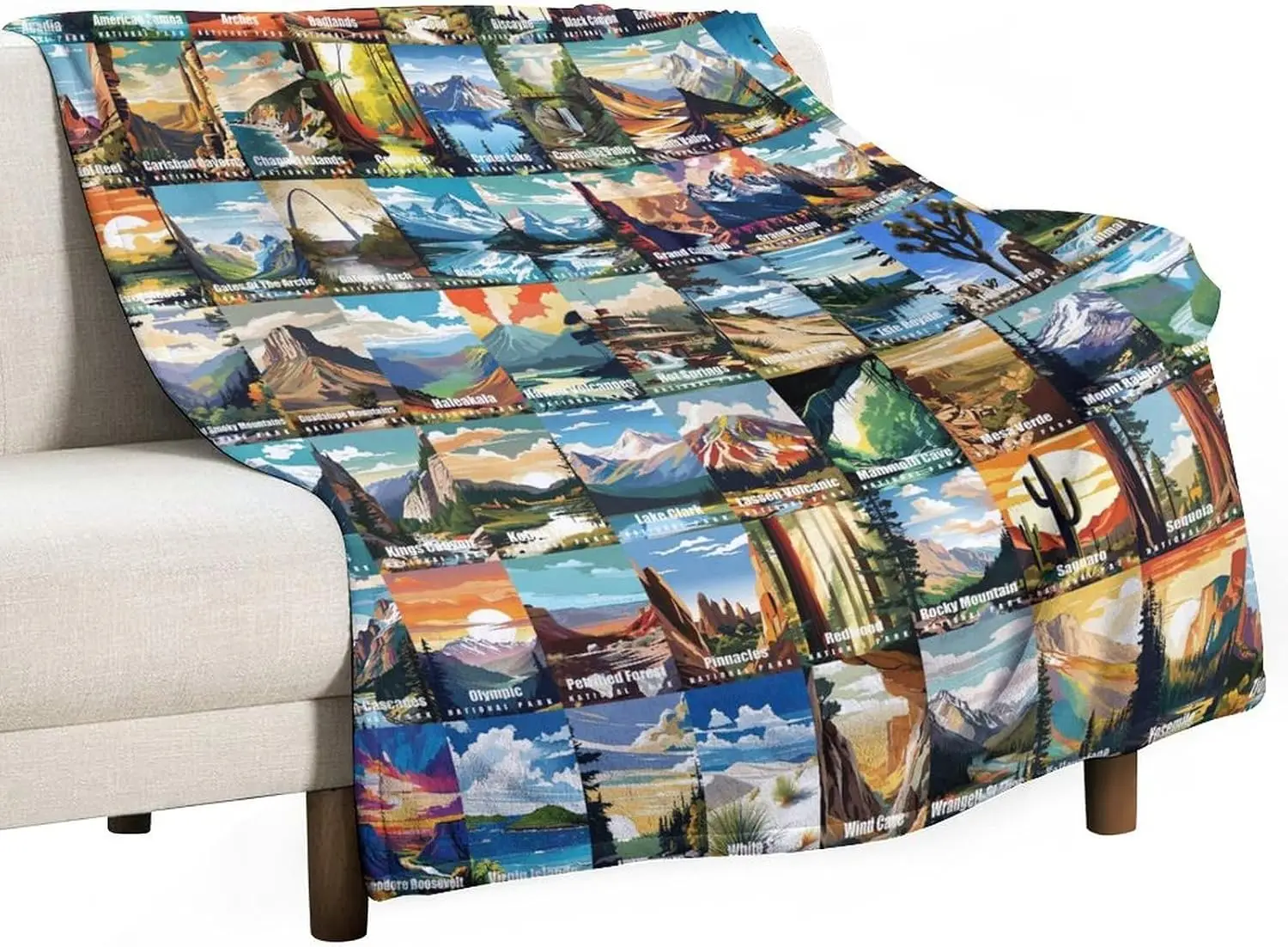 Full Grid Patch National Park Retro Travel Art Fluffy Throw Blanket, Warm Soft Blanket Couch Bed,Travel Lover Home Decor Present