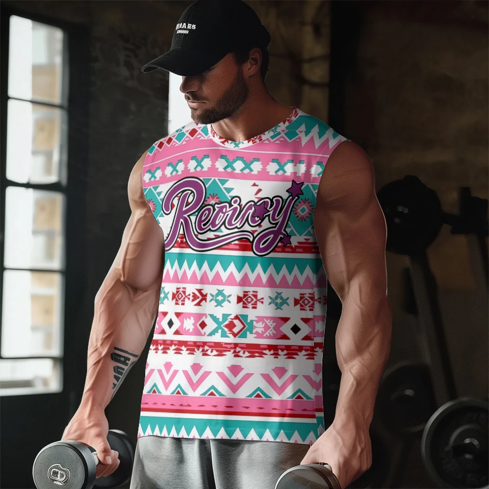 

Повседневная майка с принтом в этническом стиле, тонкий жилет без рукавов, Молодежная мужская Спортивная жилетка для фитнеса, розовый и зеленый цвета