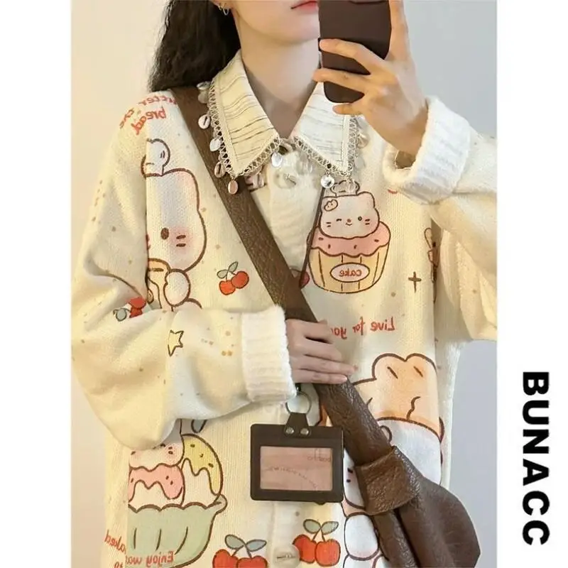 

Sanrio Hello Kitty Women Round Neck Cardigan Knit Autumn Winter Casual Japanese Retro Versatile Cute Loose Fit Taiyaki Design
