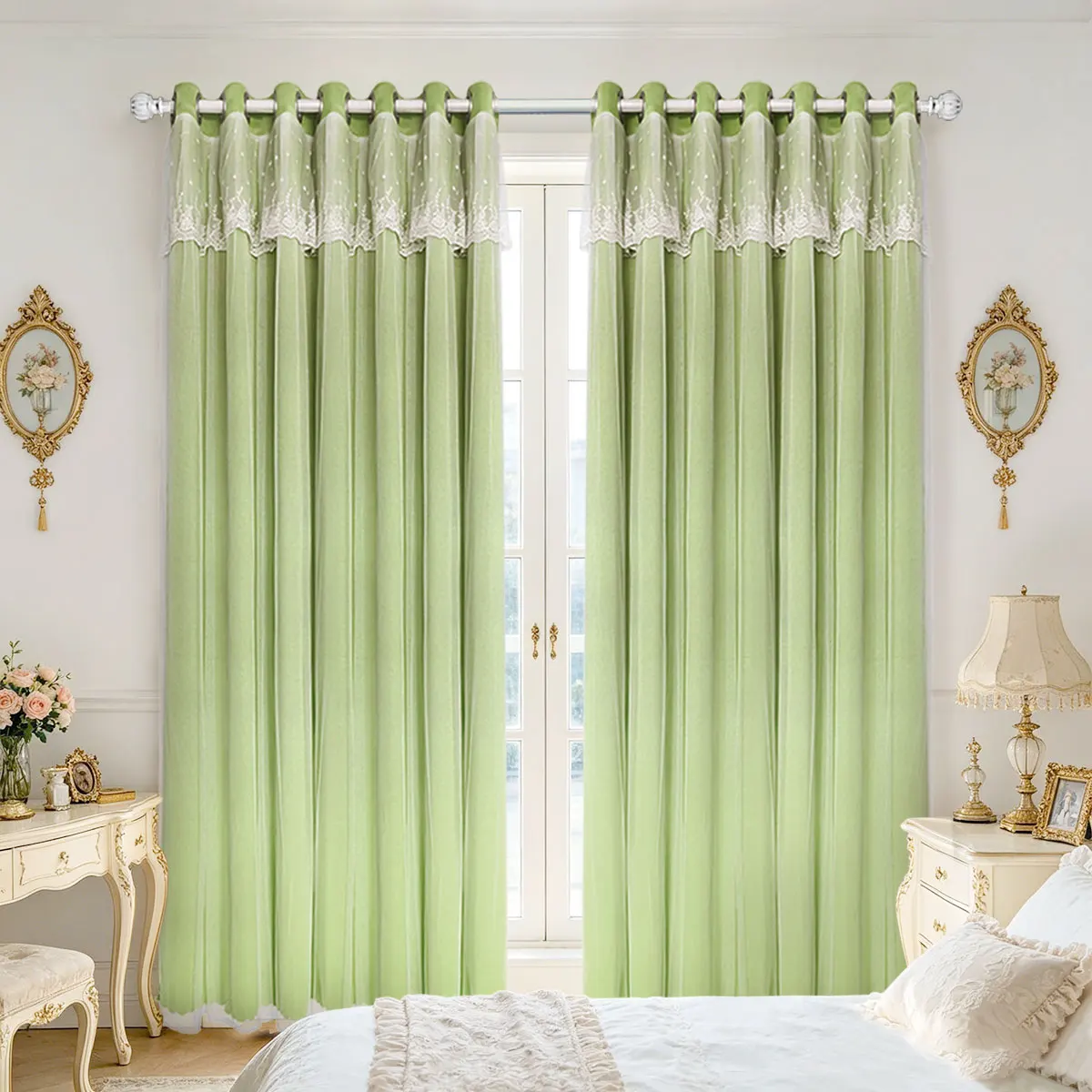 Light Green Double Layer Lace Grommet Curtains, Sheer Drapes for French Nordic Bedroom Decor