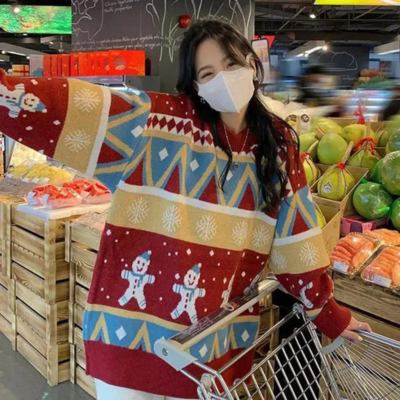 2023 Autumn and Winter Women's Contrast Round Neck Long Sleeve Loose Pullover Knitted Sweater Fashion Casual Formal Tops