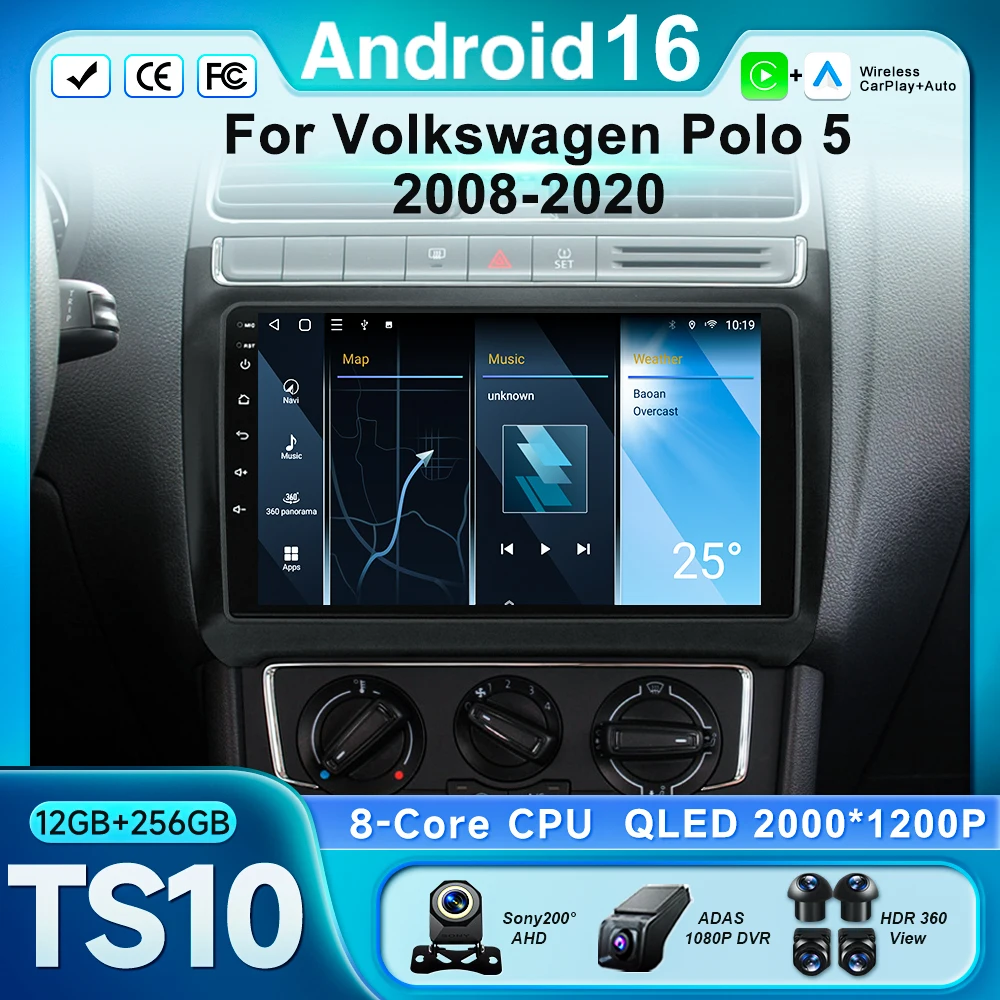 Rádio Automotivo Android 16 para Volkswagen Polo 5 2008-2020, Reprodutor Multimídia com GPS, Carplay e Tela 2DlN