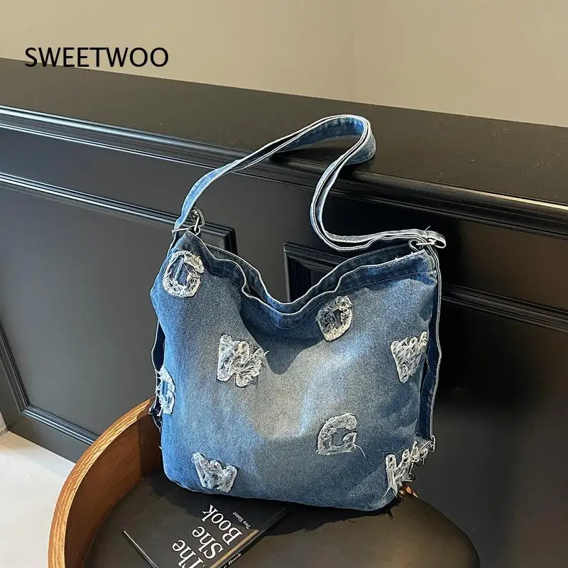 2026 Vintage Ripped Distressed Denim Shoulder Bag Loose Casual Streetwear Large Capacity Student Crossbody Purse