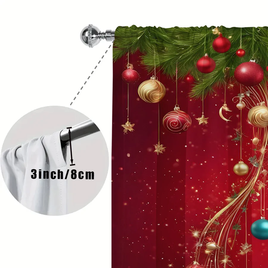 2PCS Burgundy Christmas Curtains, Hanging Ornament Ball Pine Branch Golden Light, Holiday Window Drapes for Bedroom Living Room