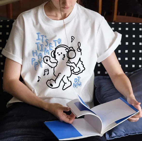 

2025 г., модная футболка унисекс из 100% чистого хлопка с рисунком медведя унисекс, повседневная футболка с принтом счастливых букв