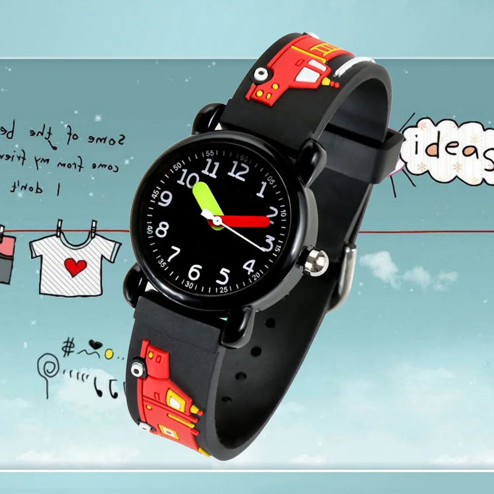 

Kids Waterproof Quartz Cartoon Watch 3D Silicone Band Fire Truck Black Gift for Children Boys Girls Primary Learning