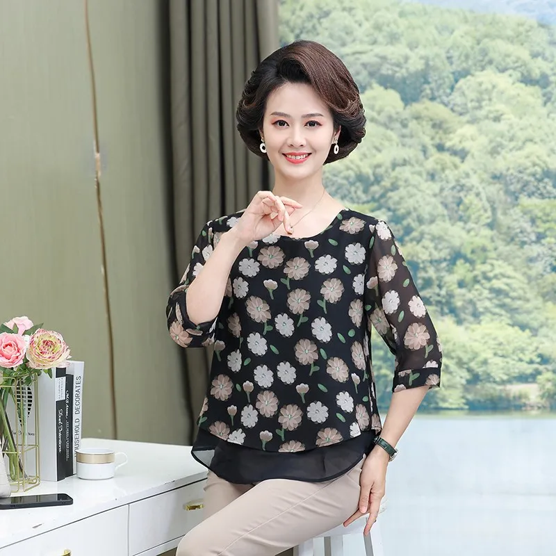 

2023 Loose Women Spring Summer Blouses Shirts Lady Fashion Casual 3/4Sleeve O-Neck Jacquard Blusas Tops