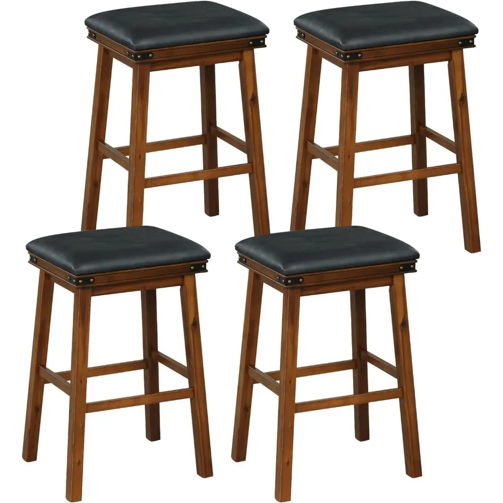 Bar Stools 30 Inch Counter  Set of 4, Faux PU Leather Upholstered Barstools with Solid Wood Frame, Saddle Stools Kitchen Island