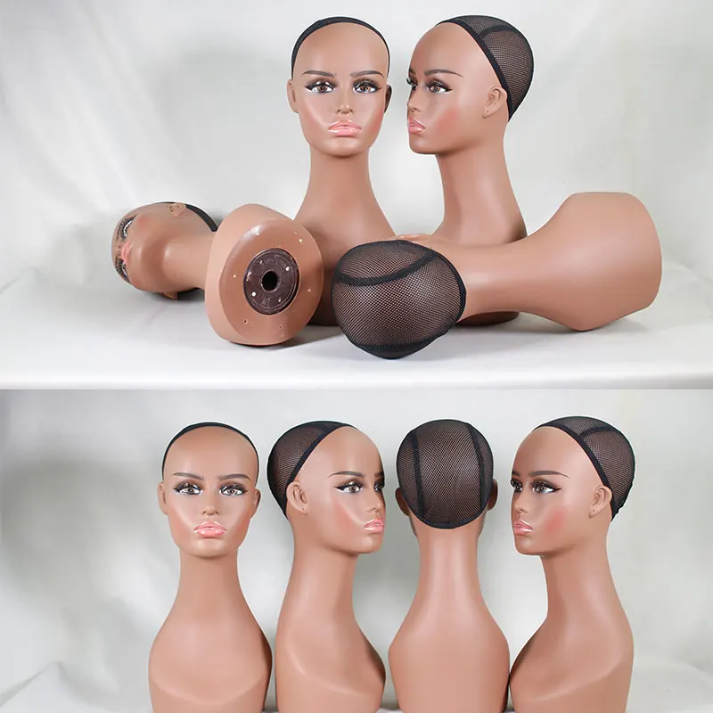 Cabeza de maniquí femenino realista, cabeza de PVC de cuello largo, busto de peluca, modelo de soporte de cabeza con maquillaje, pelucas, sombreros, gafas de sol, collar