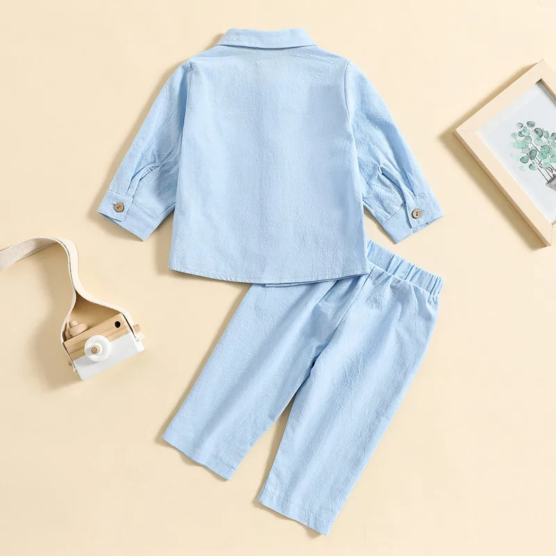 Kids Boys Clothes Spring Fall Pant Sets for Teenager Solid Color Long Sleeve Button Shirt Elastic Casual Drawstring Pant Outfits