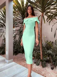 HQBORY Vintage Mint Green Ruffles Bandage Dress 2025 Summer Women Midi Split Quality Elegant Bodycon Dress Red Black Vestidos XL