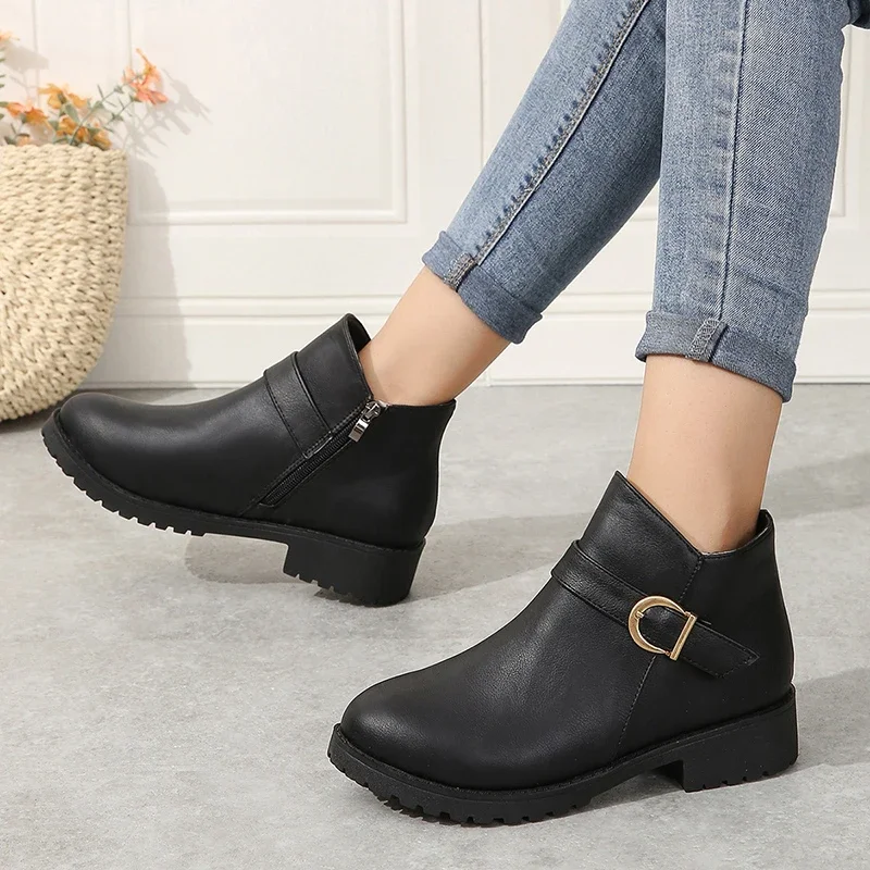 Ladies Shoes on Sale 2024 New Western Boots Female Round Toe Solid Color Ankle Boots PU Fall Boots Women\'s Ankle Boots Plus Size