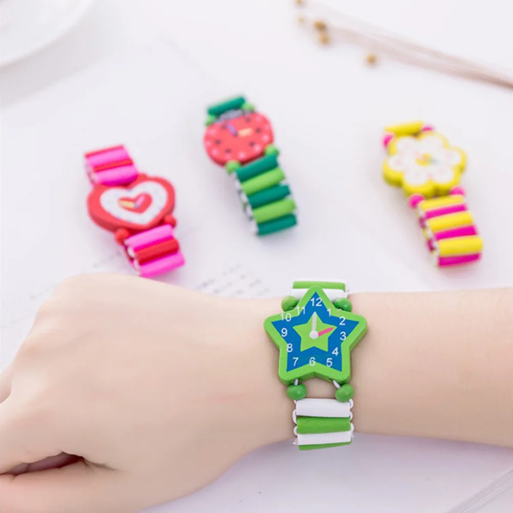 6pcs Wooden Watch For Kids Cartoon Pretend Play Educational Wood Crafts Safe Eco-Friendly Simulation Watches Cute Design