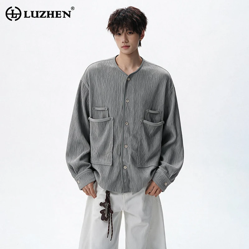 LUZHEN 2026 New Trendy Stripe Textured Pockets Decorate Loose Shirts Coat Men's Fashion Solid Color Korean Casual Clothes JY9223
