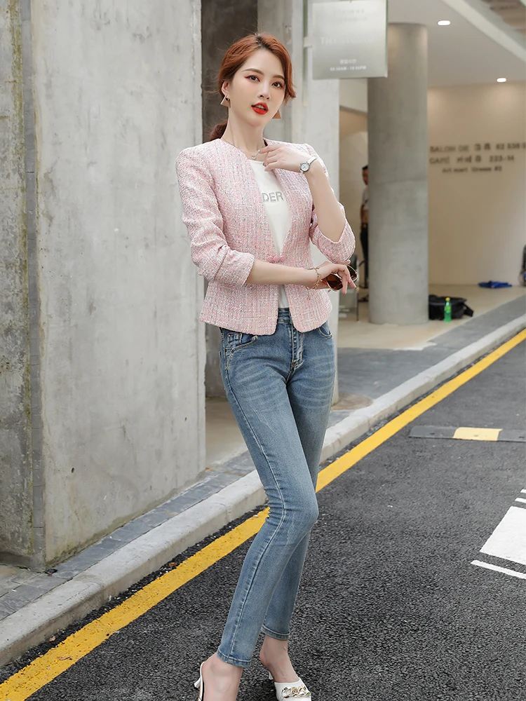 Elegant Pink Blue Plaid Ladies Blazer Women Female Long Sleeve V-Neck Slim Casual Jacket Coat For Spring Autumn