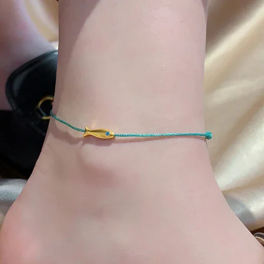 

PONYKISS 925 Sterling Silver Zircon 14K Gold Fish Weaving Rope Charm Anklets for Women Cute Fine Jewelry Animal Accessories