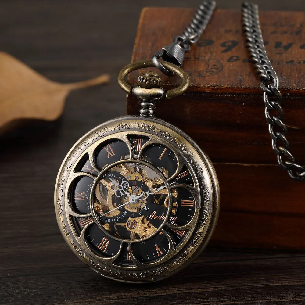 Roman Numeral Luxury Mechanical Pocket Watch Engrave Carving Sliver Case Steampunk Skeleton Watches Fob Chain Clock for Men