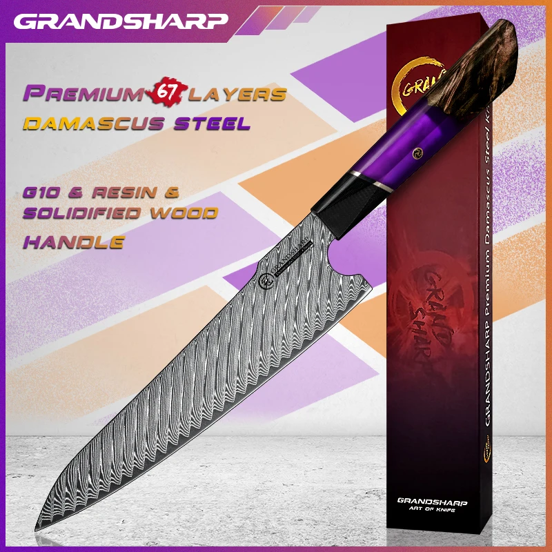 

Grandsharp Professional 8.2 Inch Japanese High Carbon Kitchen Chef Knives AUS-10 Damascus Stainless Steel Cooking Tools Gift Box