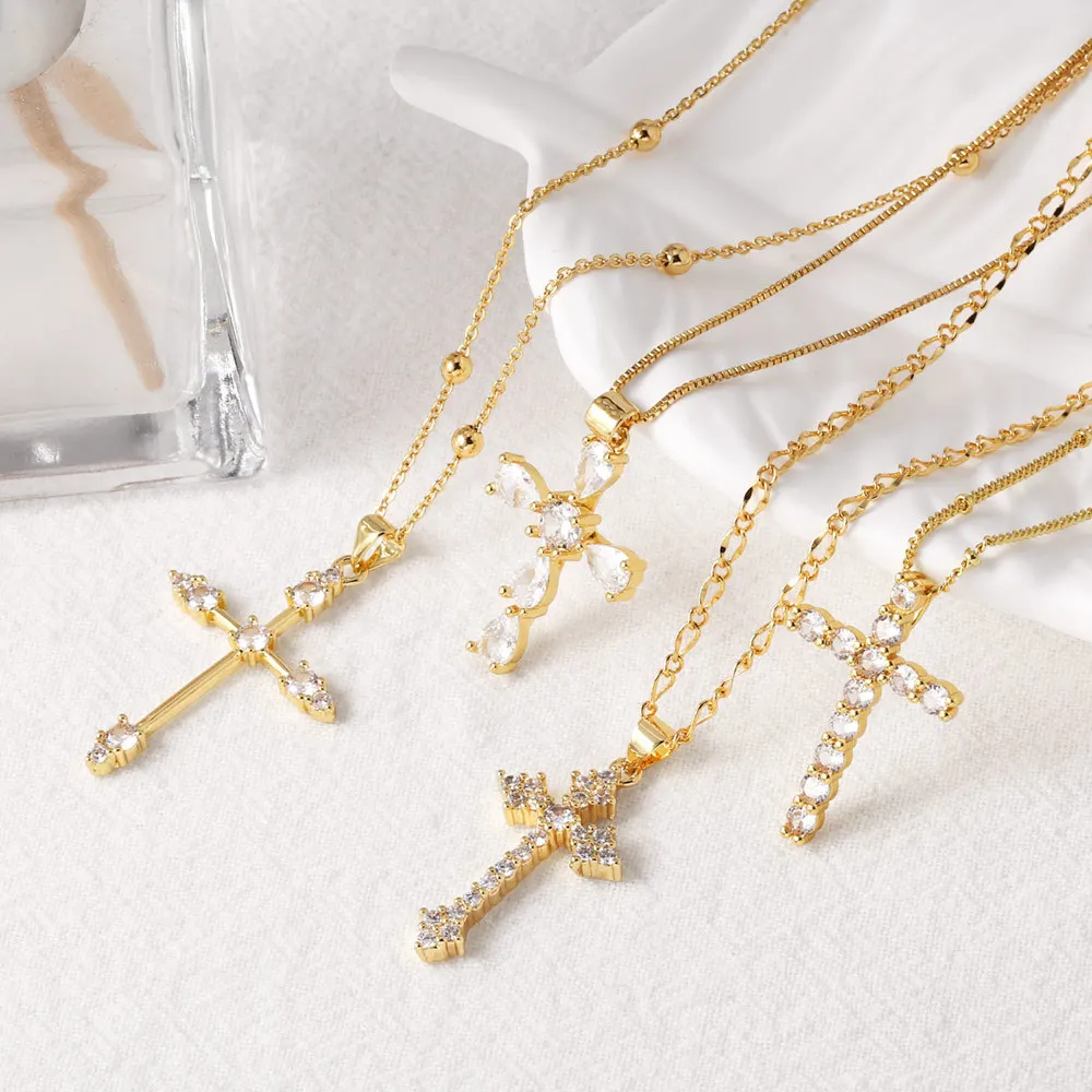 New Design 18K Gold Plated Cross Pendant Necklace Religous Zirconia Brass Jewelry