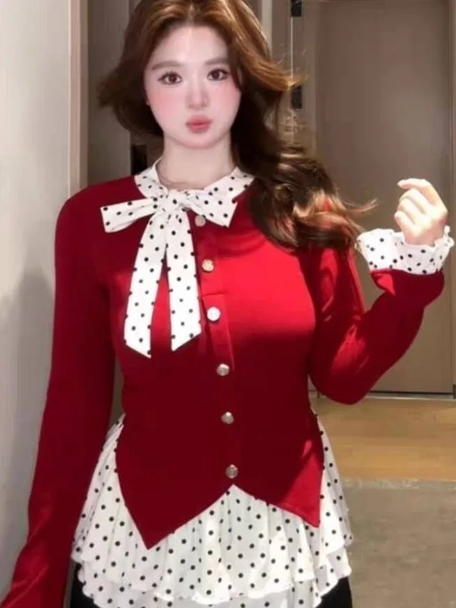 

Sweet Style plus Size Shirt Christmas Atmosphere Sense Inner Wear Long Sleeve Polka Dot Fake Two-Piece Knot Top