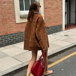 Fashion Chic Single Breasted Faux Leather Coat Women Loose Long Sleeves Solid Lapel Jackets Autumn Female High Street Outwear
