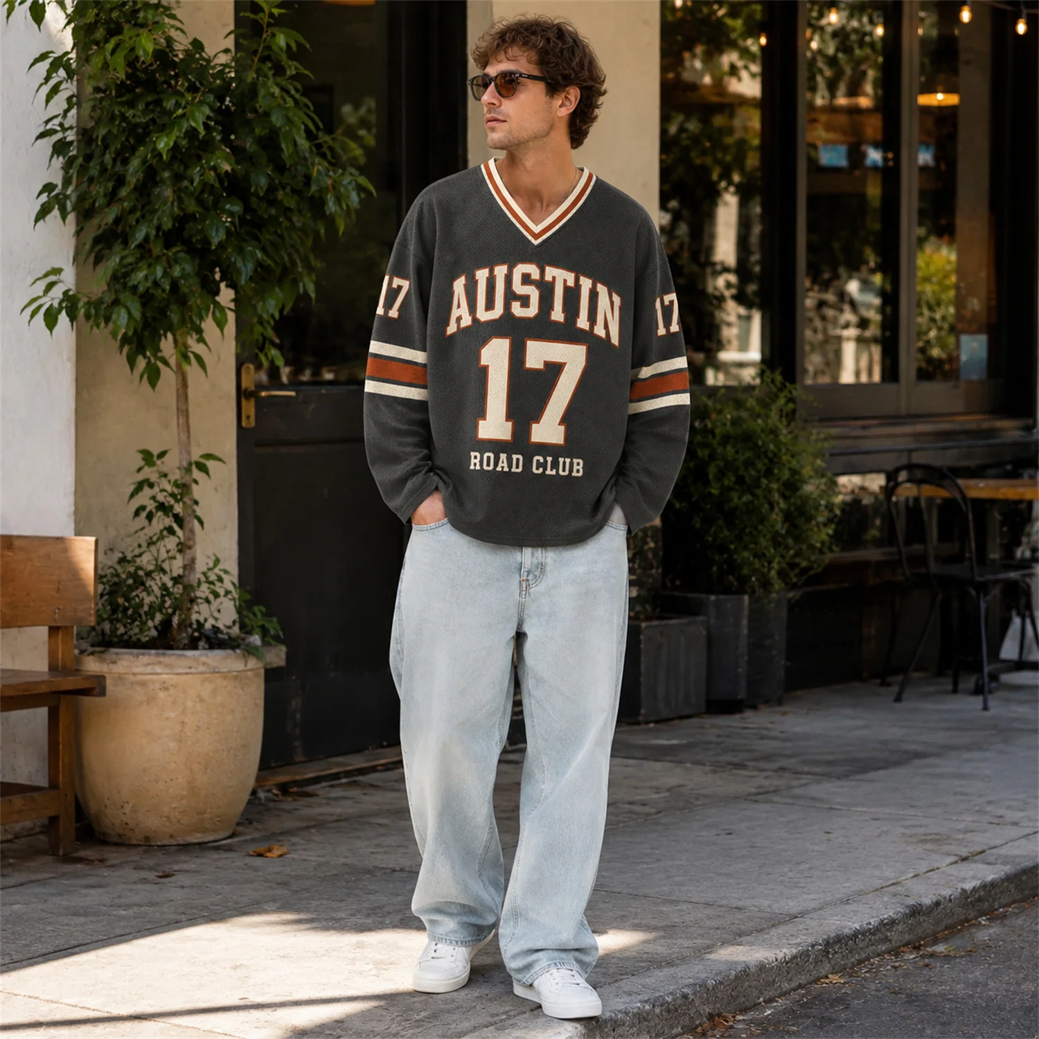 Men Austin 17 Long Sleeve Jersey V Neck Mesh Shirt Vintage Varsity Football Y2K Streetwear Sportswear Top