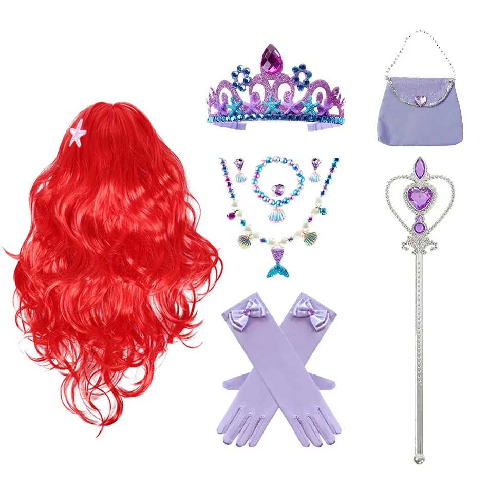 Ariel Princess Akcesoria Rękawiczki Różdżka Korona Zestaw biżuterii Syrenka Peruka Naszyjnik Warkocz dla księżniczki Sukienka Odzież Cosplay Dress UP