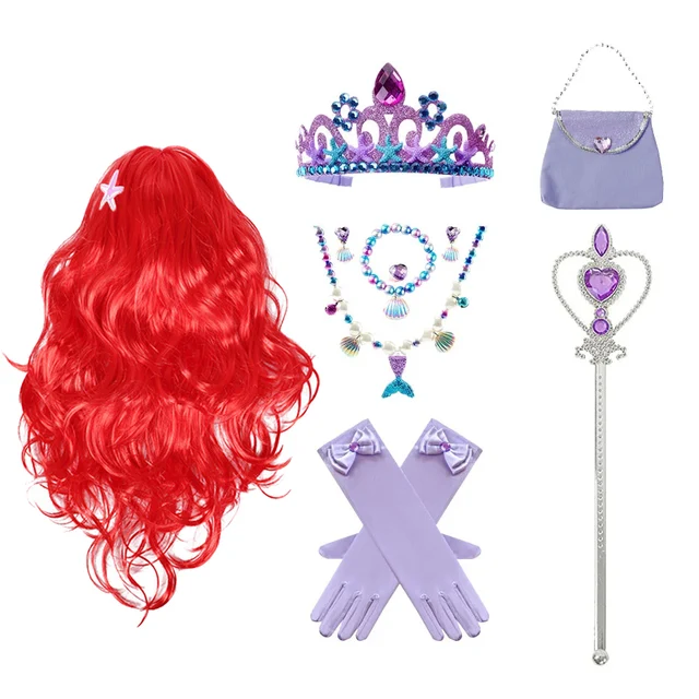 Ariel Princess Akcesoria Rękawiczki Różdżka Korona Zestaw biżuterii Syrenka Peruka Naszyjnik Warkocz dla księżniczki Sukienka Odzież Cosplay Dress UP