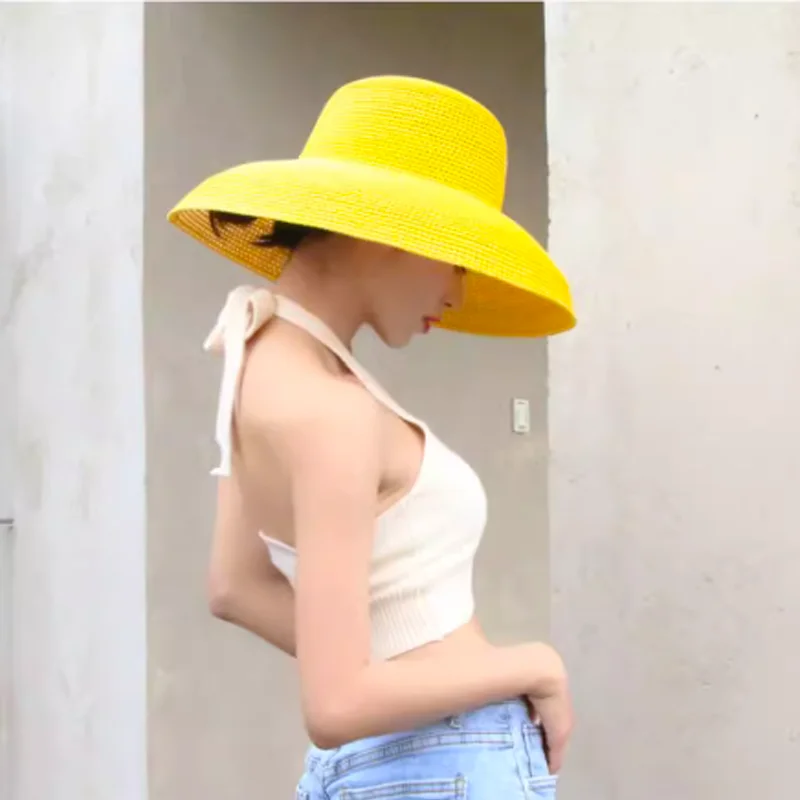 Summer Hepburn Style Vintage Design Big Eaves Straw Hat Women Girls Solid Color Beach Holiday Big Sun Gorra