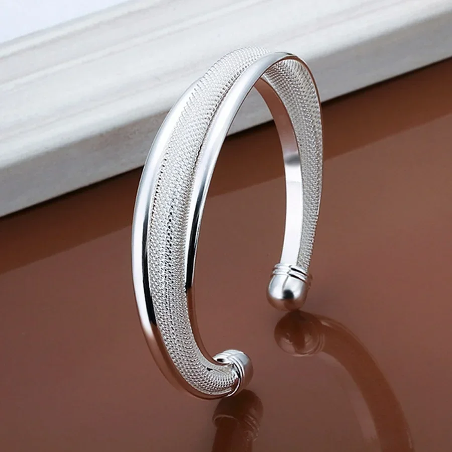 for women lady wedding elegant retro trend hypotenuse net circular openings bracelet fashion 925 Sterling Silver jewelry B019