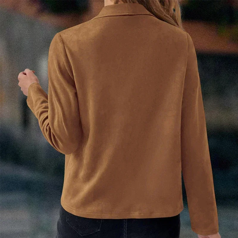 Women's Suit Jacket Solid Suede Lapel Zipper Pocket Office Commuting Formal Slim Cardigan Top Fashion Street Wear S-XL