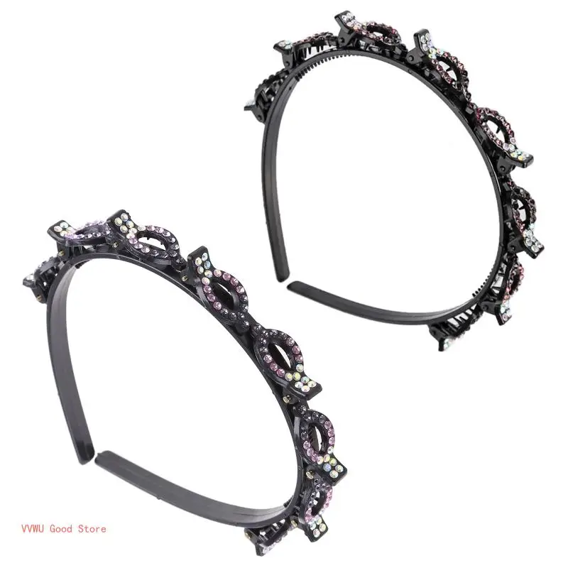 Double Layer Twist Plait Headband Double Bangs for Rhinestone Hairpins Hair Hoop Hollow Woven Hairband with Cl