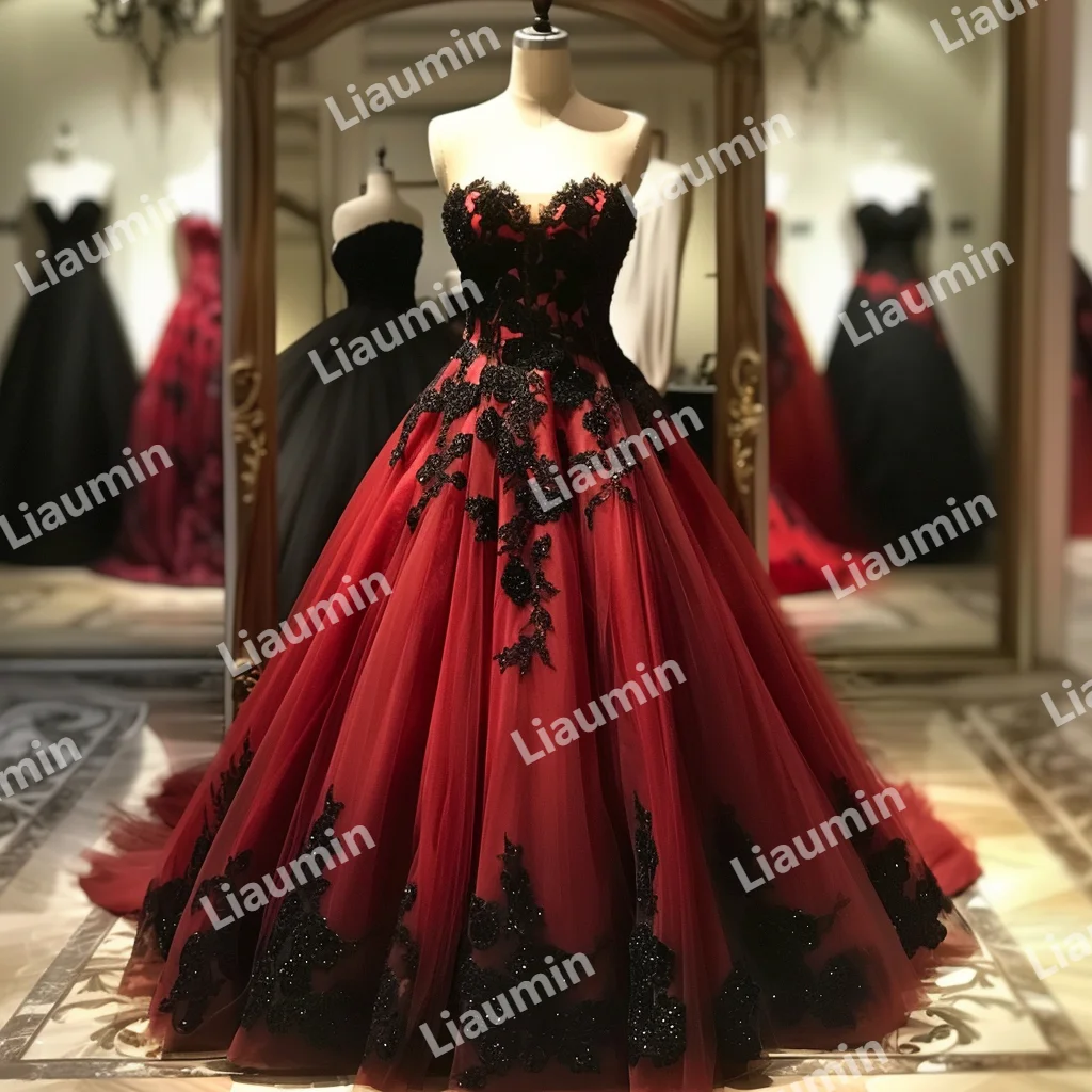 Custom Red Tulle Black Lace Applique Strapless Ball Gown Floor Length Prom Formal Dresses Evening Lace Up Back Clothing A3-4.7