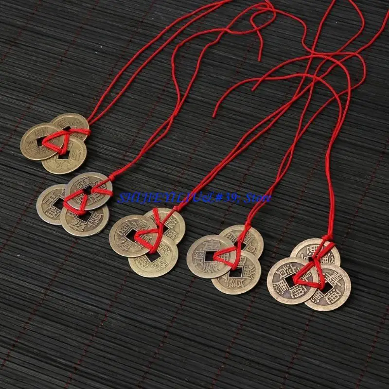 E21F Antique Crafts Chinese Feng Shui Knot Red Rope String Thickened Three Emperors Money Copper Collectibles