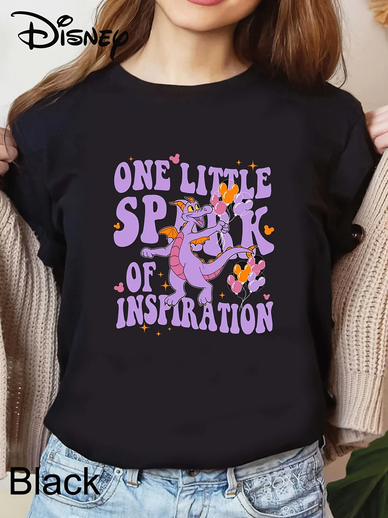 

Disney Fantasyland Women's White Graphic T-Shirt - Cute Purple Dragon & "One Little Spark of Inspiration" Design