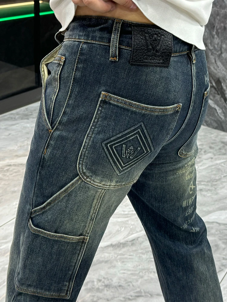 

Американский Sle Повседневная мужская рабочая одежда Джинсы Джинсы с принтом в стиле пэчворк Street Sle Свободные прямые брюки