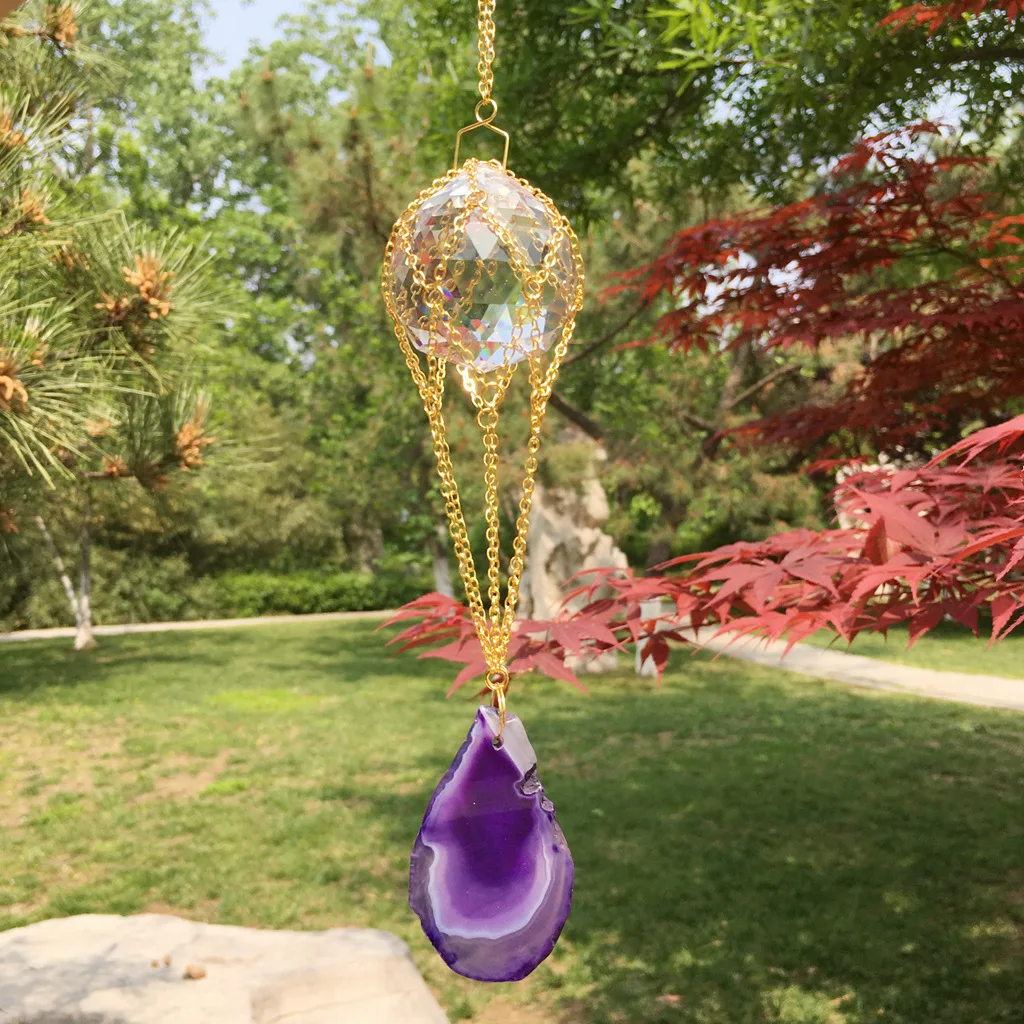 Colorful Natural Agate Slice Suncatcher Hanging Metal Chain Wrapped Crystal Rainbow Maker Wind Chime Home Wall Garden Decoration