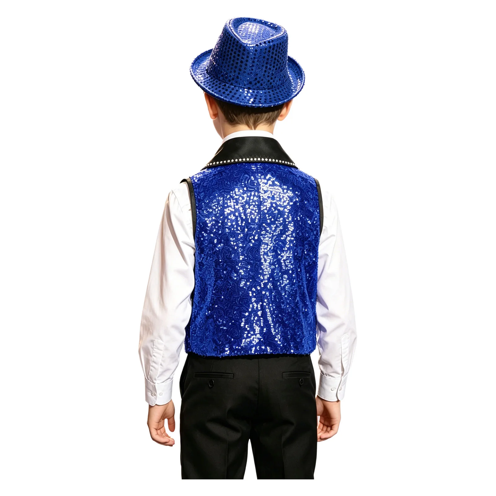 Kids Boys Girls Metallic Jazz Hip Hop Dance Vest with Hat Set Sequin Tassel Cap Sleeves Waistcoat Disco Party Stage Performance